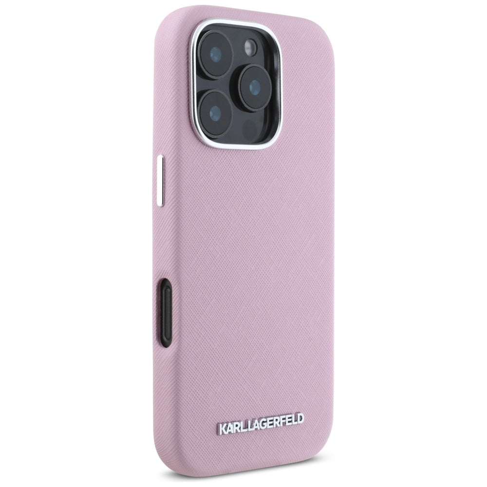Funda MagSafe para Apple iPhone 16 Pro Max, Karl Lagerfeld, Saffiano Full Wrapped Elongated Metal Logo, Rosa.