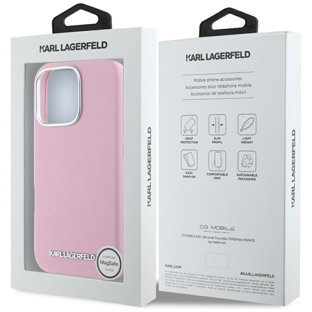 Funda MagSafe para Apple iPhone 16 Pro Max, Karl Lagerfeld, Saffiano Full Wrapped Elongated Metal Logo, Rosa.