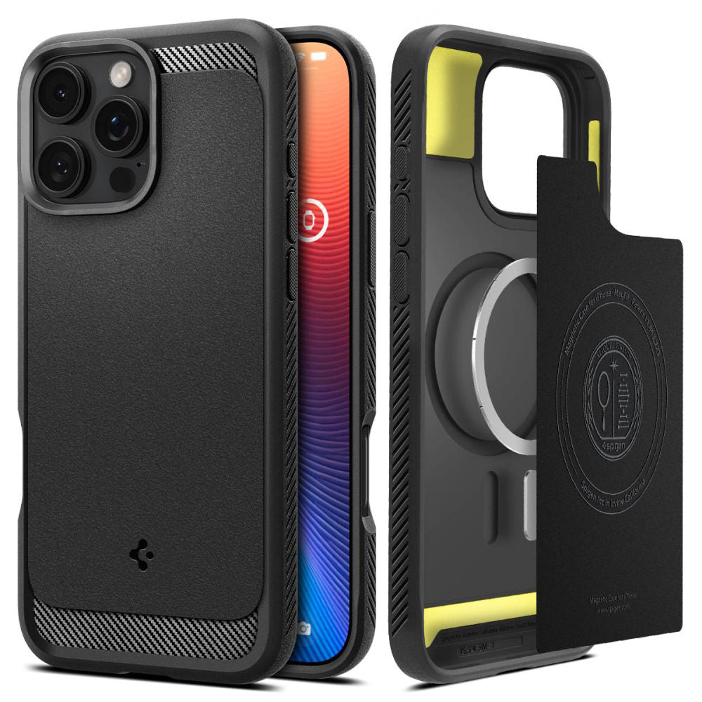 Funda MagSafe para Apple iPhone 16 Pro, Spigen, Rugged Armor, Negra Mate ACS08115