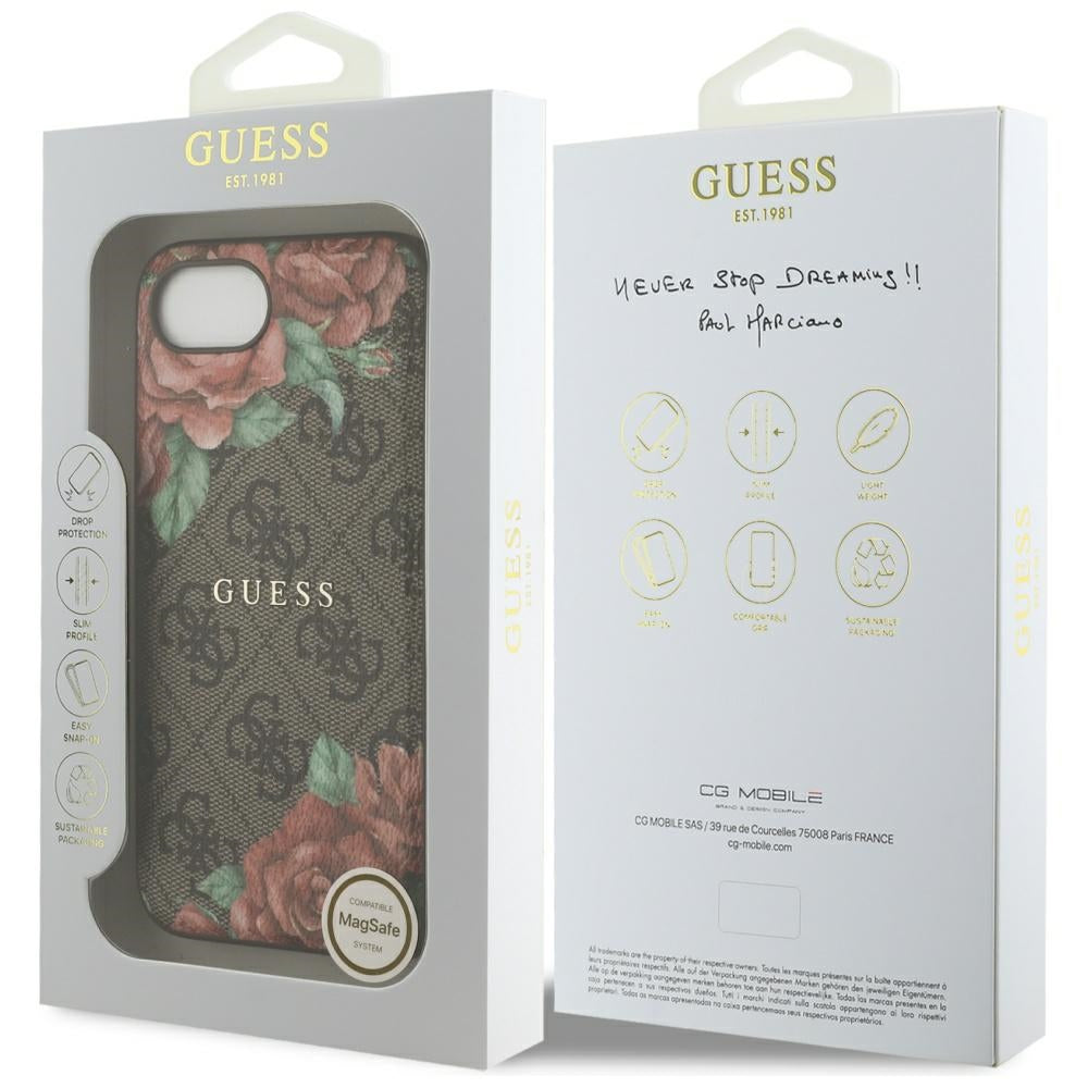 Funda MagSafe para Apple iPhone 17e / 16e, Guess, 4G Flowers Print, Marrón