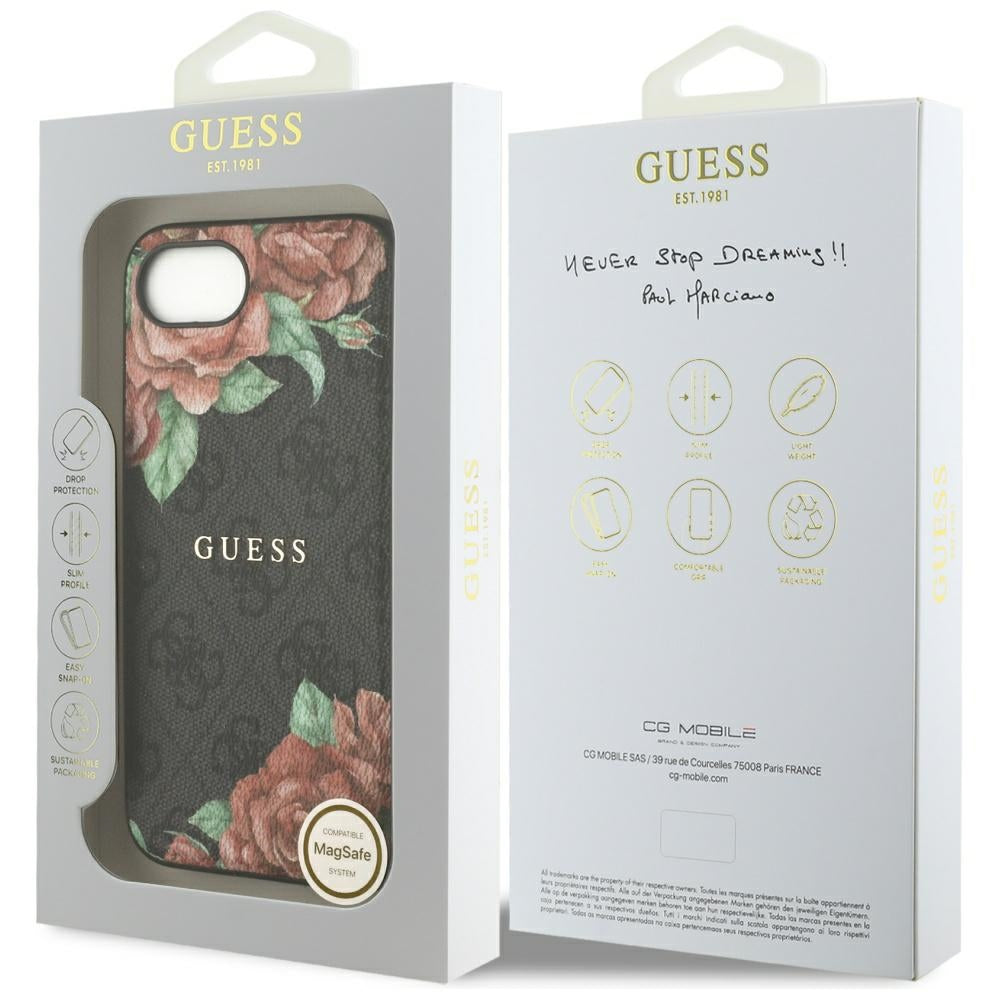 Funda MagSafe para Apple iPhone 17e / 16e, Guess, 4G Flowers Print, Negra