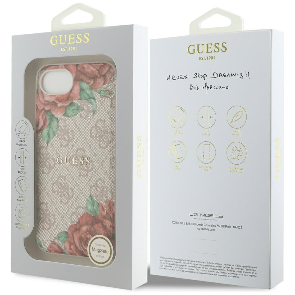 Funda MagSafe para Apple iPhone 17e / 16e, Guess, Estampado de Flores 4G, Rosa