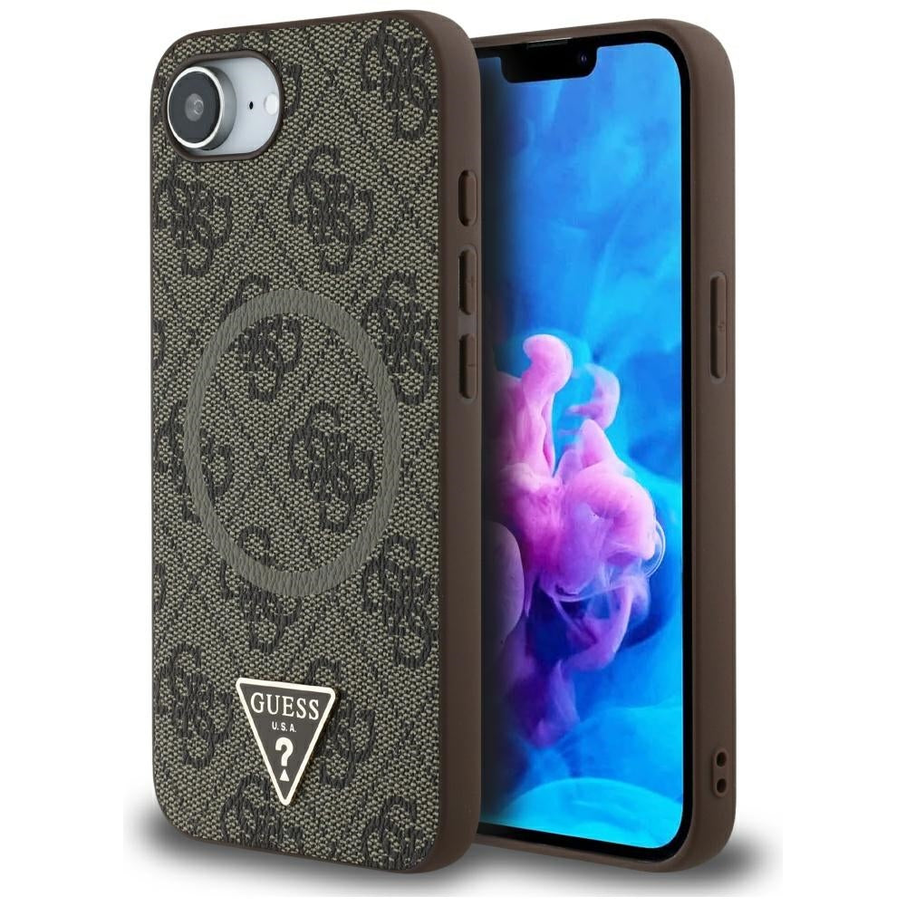 Funda MagSafe para Apple iPhone 17e / 16e, Guess, Logo Triángulo Anillo 4G, Marrón