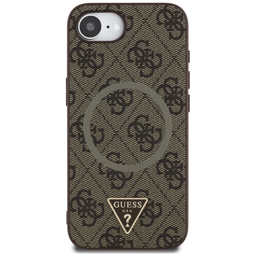 Funda MagSafe para Apple iPhone 17e / 16e, Guess, Logo Triángulo Anillo 4G, Marrón
