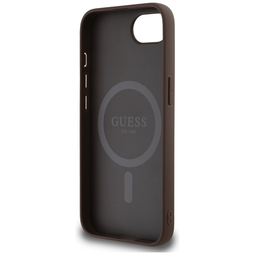 Funda MagSafe para Apple iPhone 17e / 16e, Guess, Logo Triángulo Anillo 4G, Marrón