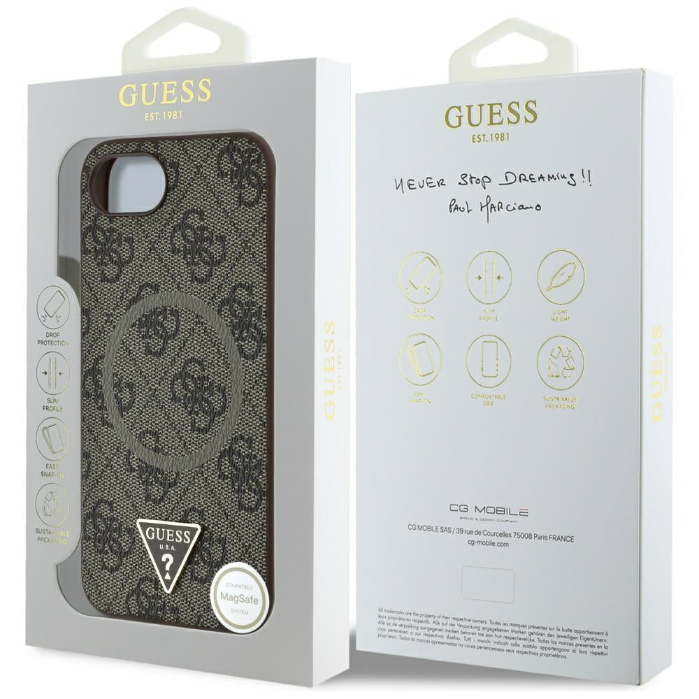 Funda MagSafe para Apple iPhone 17e / 16e, Guess, Logo Triángulo Anillo 4G, Marrón