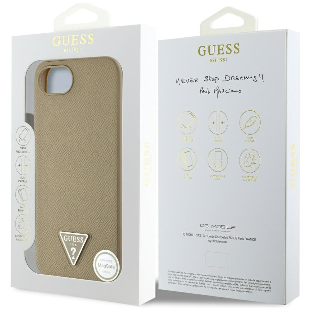 Funda MagSafe para Apple iPhone 17e / 16e, Guess, Logo Triángulo Granulado, Marrón