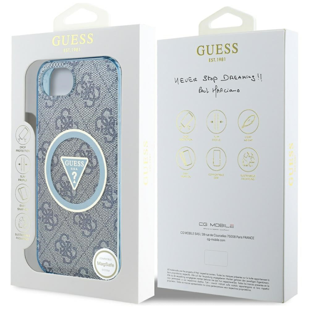 Funda MagSafe para Apple iPhone 17e / 16e, Guess, IML Glitter 4G Circle Triangle, Azul