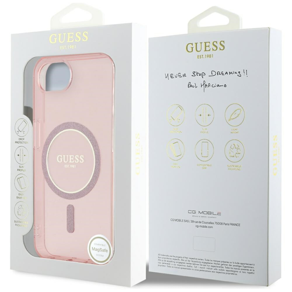 Funda MagSafe para Apple iPhone 17e / 16e, Guess, IML Glitter Circle, Rosa