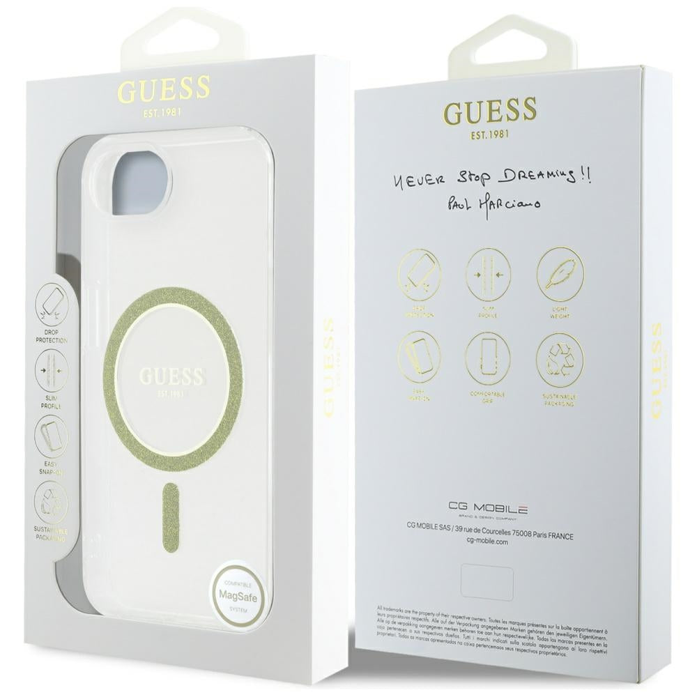 MagSafe Case for Apple iPhone 17e / 16e, Guess, IML Glitter Circle, Transparent