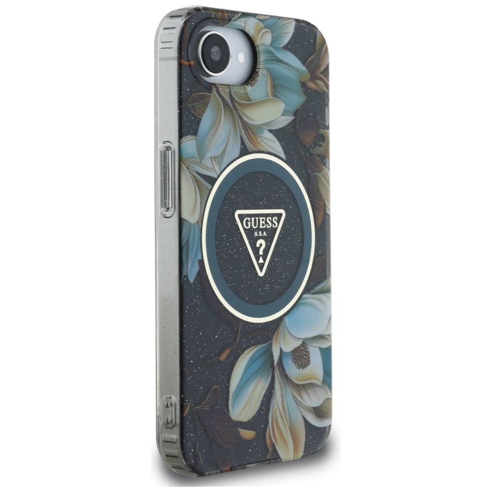 MagSafe Case for Apple iPhone 17e / 16e, Guess, IML Metal Glitter Flowers Triangle, Black