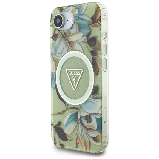 Funda MagSafe para Apple iPhone 16e, Guess, IML Metal Glitter Flowers Triangle, Verde