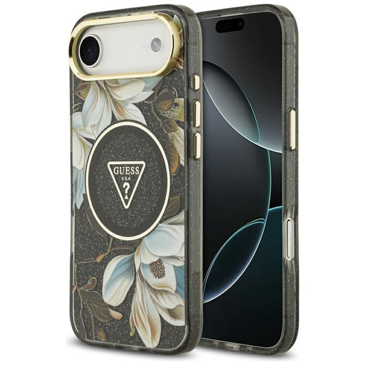 Funda MagSafe para Apple iPhone 17 Air, Guess, IML Metal Glitter Flowers Triangle, Negra