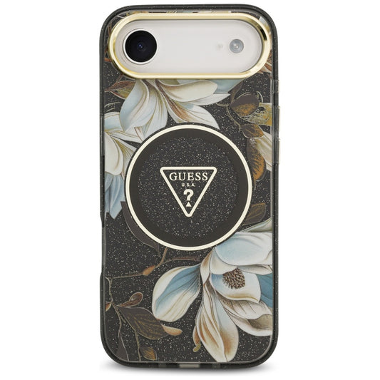 Funda MagSafe para Apple iPhone 17 Air, Guess, IML Metal Glitter Flowers Triangle, Negra