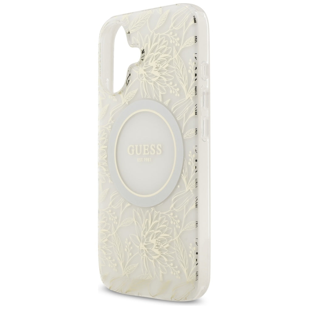 Funda MagSafe para Apple iPhone 17, Guess, IML Flowers with Pearl Strap, Blanca