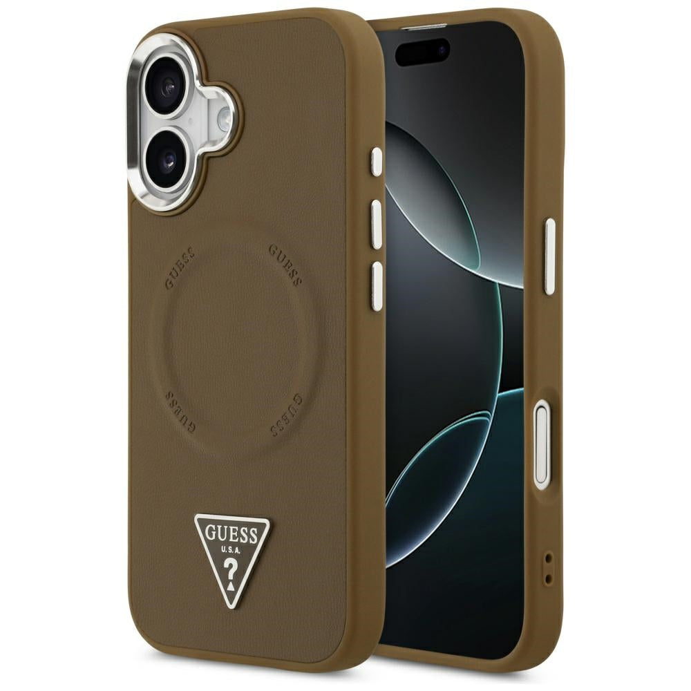 Funda MagSafe para Apple iPhone 17, Guess, Logo Triangular, Marrón Plateado