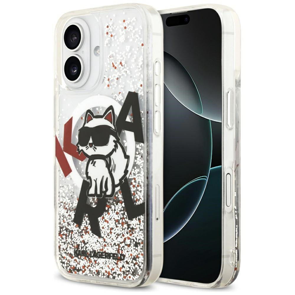 Funda MagSafe para Apple iPhone 17, Karl Lagerfeld, Liquid Glitter Choupette Logo, Transparente