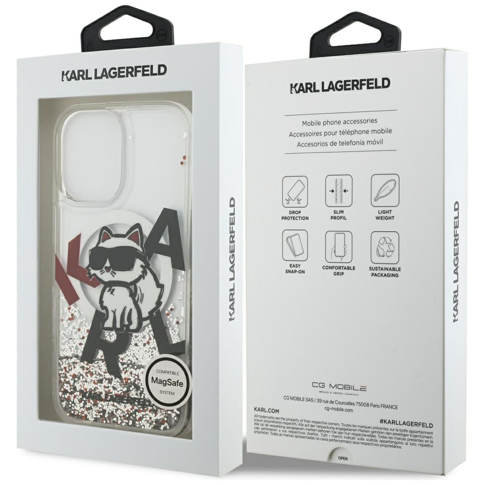 Funda MagSafe para Apple iPhone 17, Karl Lagerfeld, Liquid Glitter Choupette Logo, Transparente