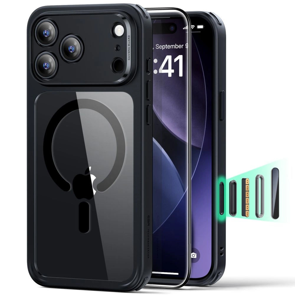 Funda MagSafe para Apple iPhone 17 Pro, ESR, Classic Hybrid con Protector de Pantalla, Negra Transparente