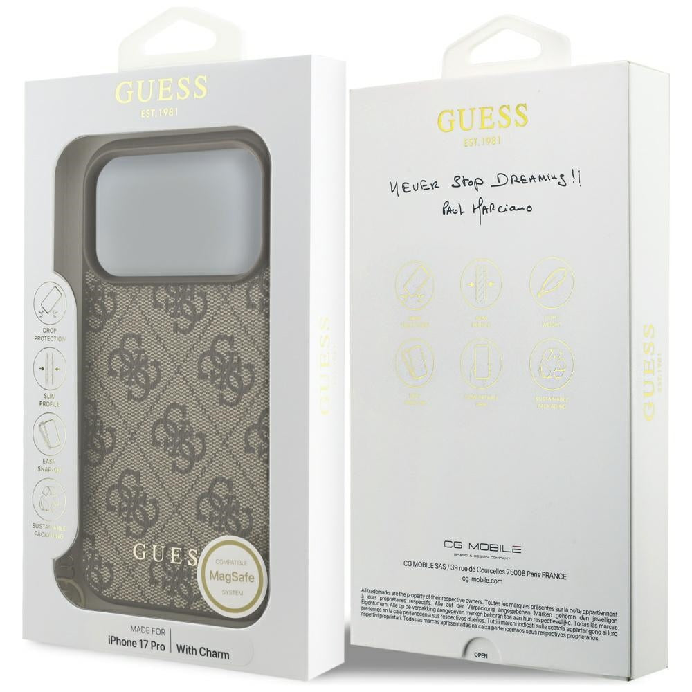 Funda MagSafe para Apple iPhone 17 Pro, Guess, 4G Charm Cradle, Marrón