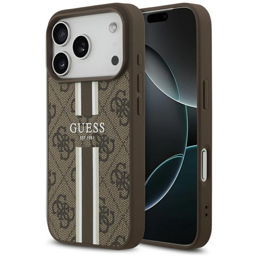 Funda MagSafe para Apple iPhone 17 Pro, Guess, 4G Printed Stripes, Marrón.