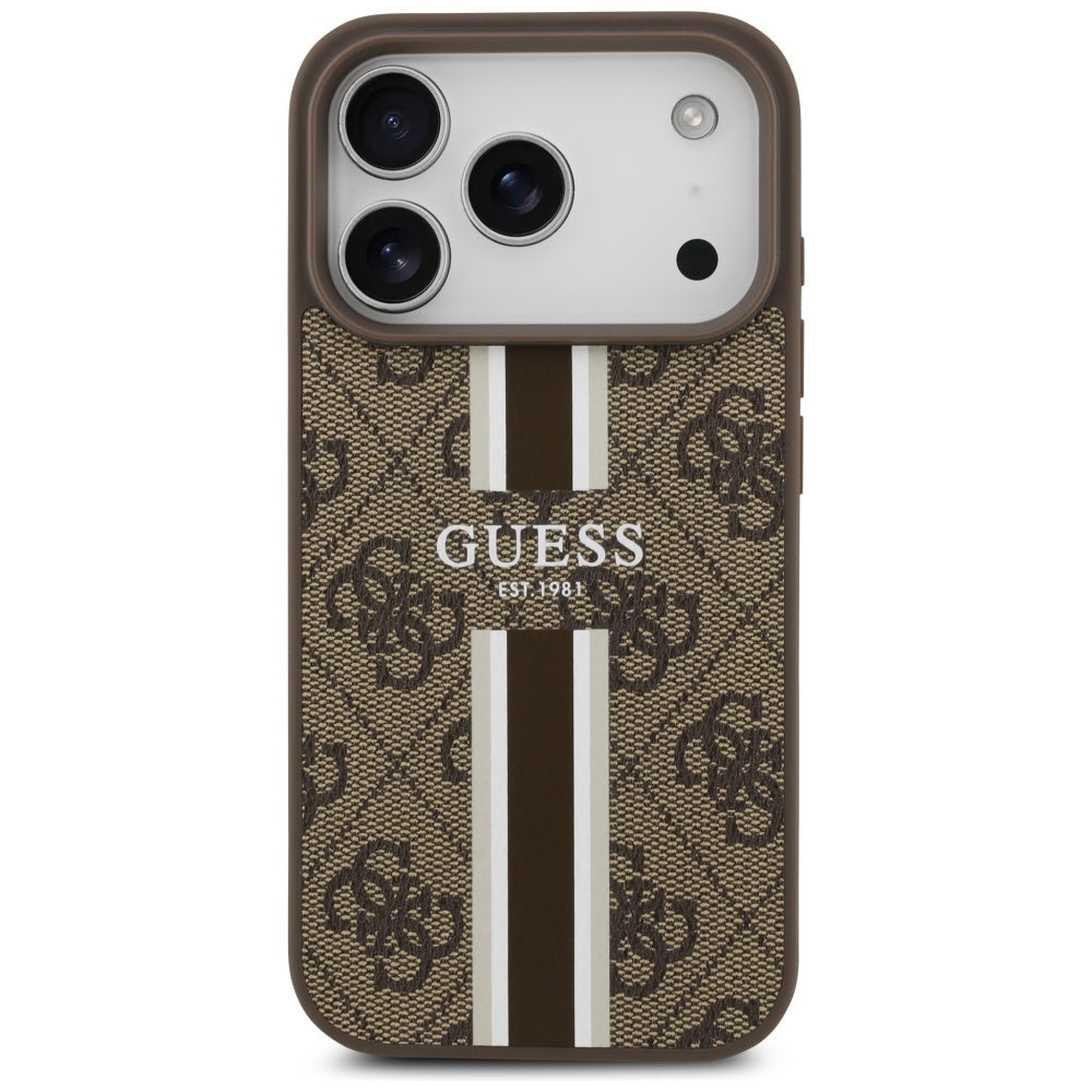 Funda MagSafe para Apple iPhone 17 Pro, Guess, 4G Printed Stripes, Marrón.