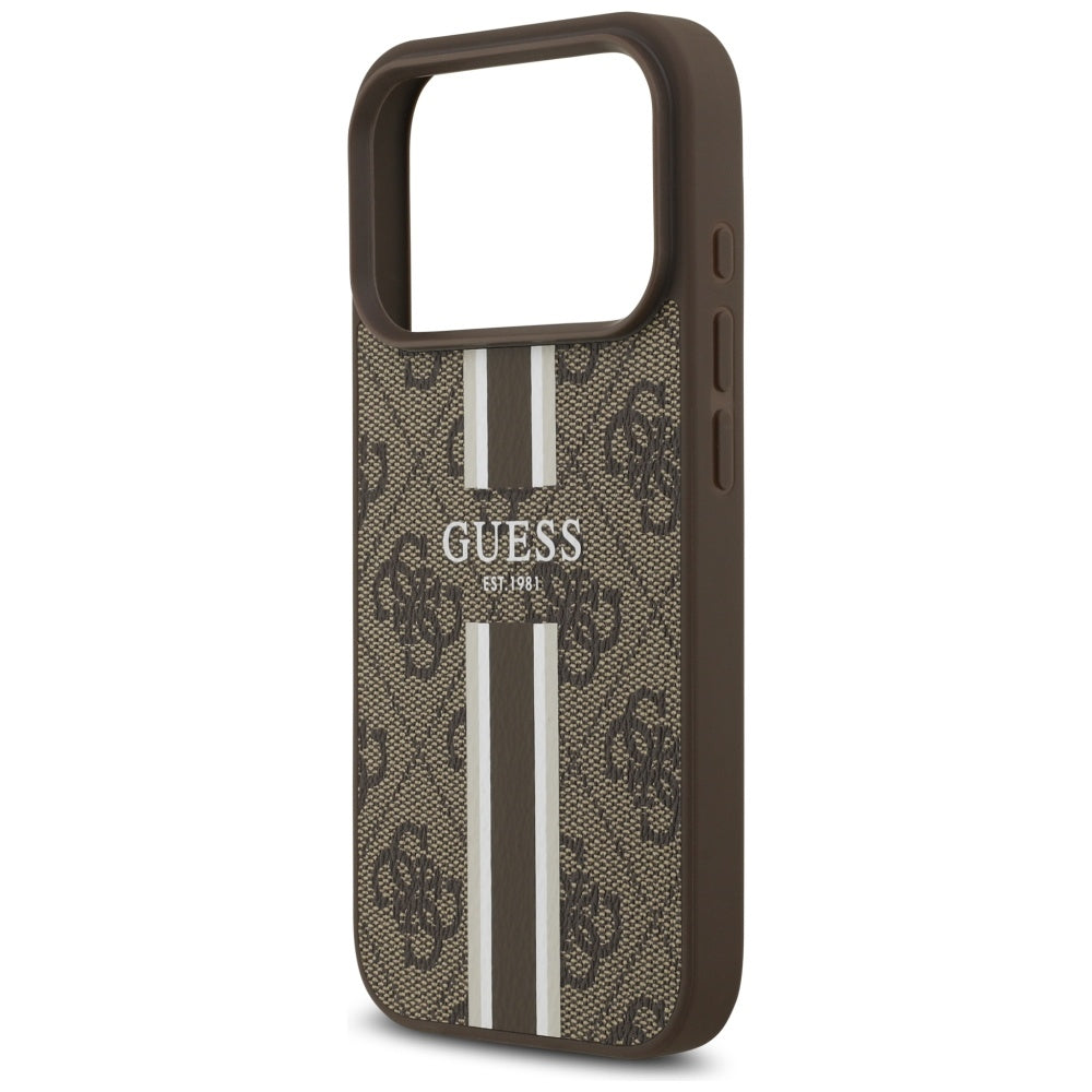 Funda MagSafe para Apple iPhone 17 Pro, Guess, 4G Printed Stripes, Marrón.