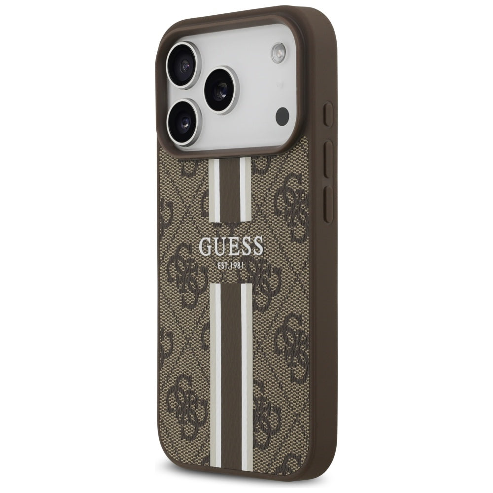 Funda MagSafe para Apple iPhone 17 Pro, Guess, 4G Printed Stripes, Marrón.