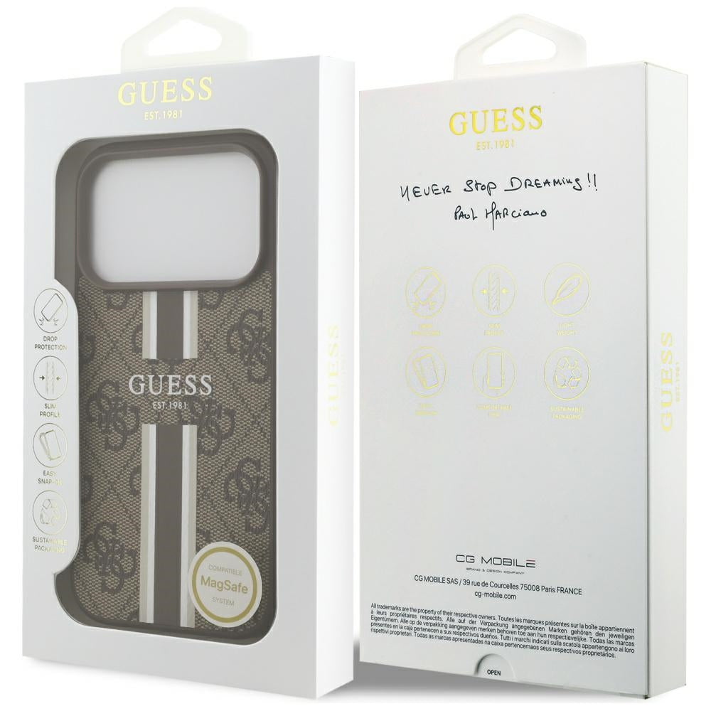 Funda MagSafe para Apple iPhone 17 Pro, Guess, 4G Printed Stripes, Marrón.