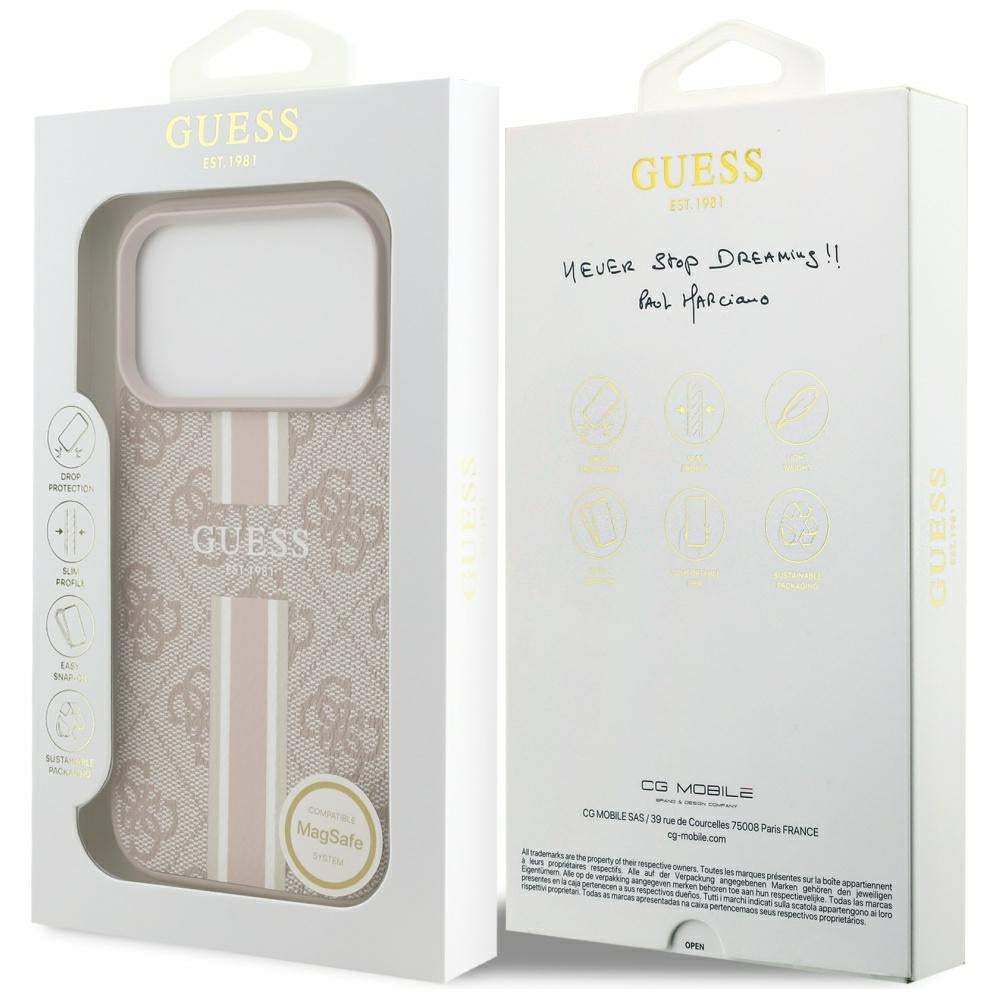 Funda MagSafe para Apple iPhone 17 Pro, Guess, 4G Printed Stripes, Rosa