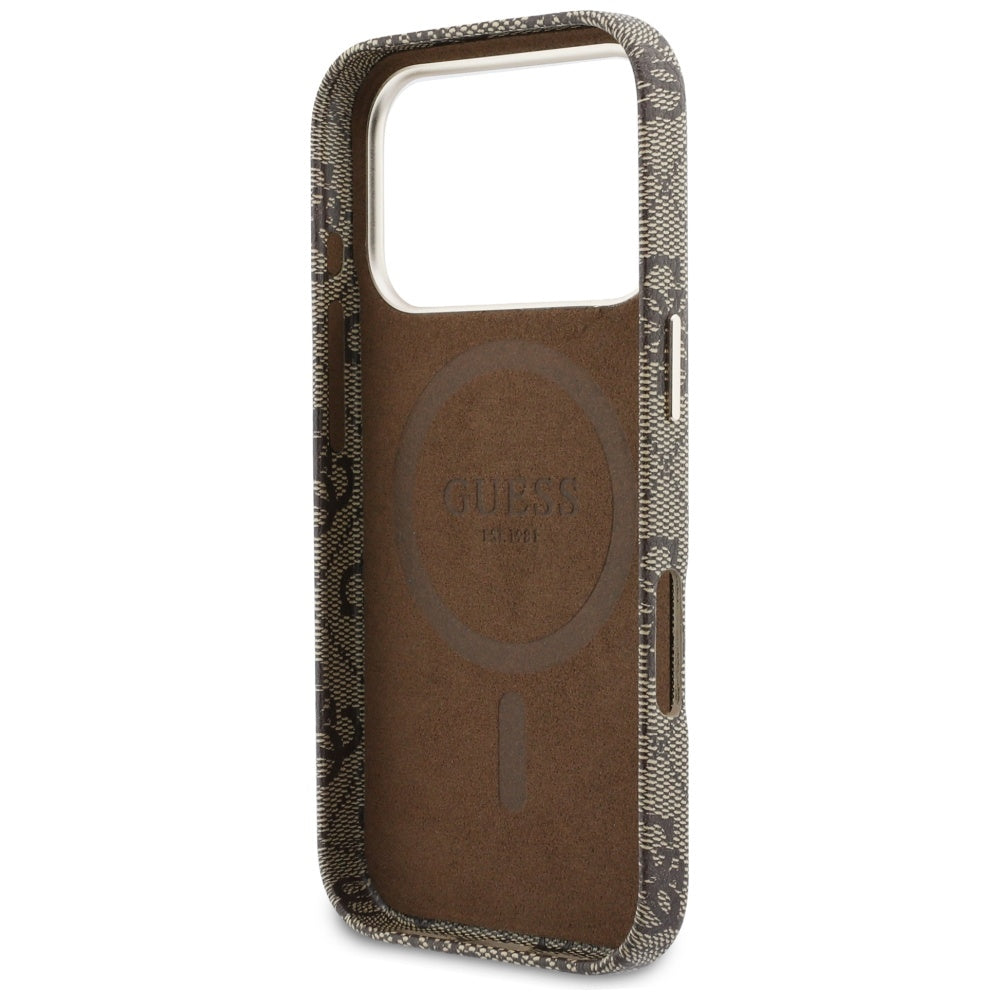 Funda MagSafe para Apple iPhone 17 Pro, Guess, 4G Script Logo, Marrón.