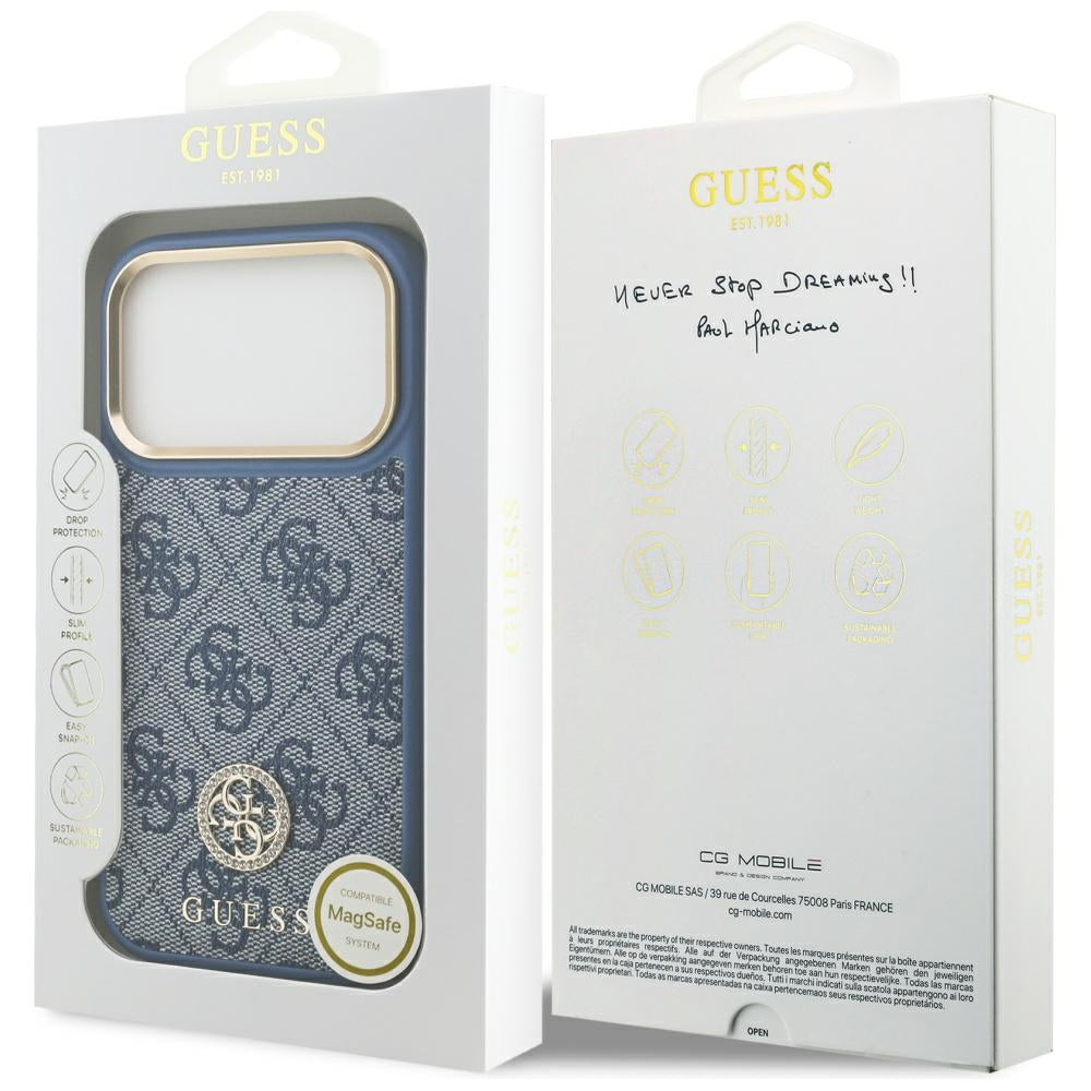 Funda MagSafe para Apple iPhone 17 Pro, Guess, 4G Strass Logo, Azul