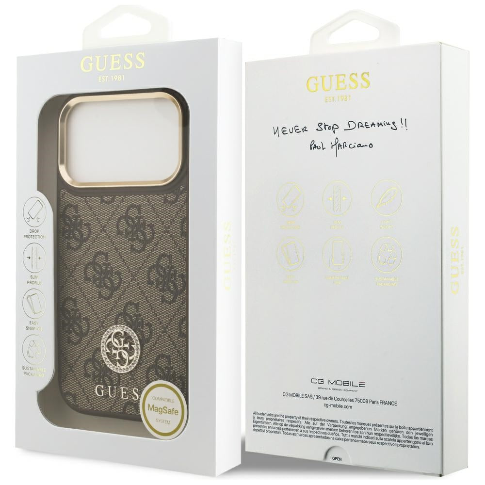 Funda MagSafe para Apple iPhone 17 Pro, Guess, 4G Strass Logo, Marrón
