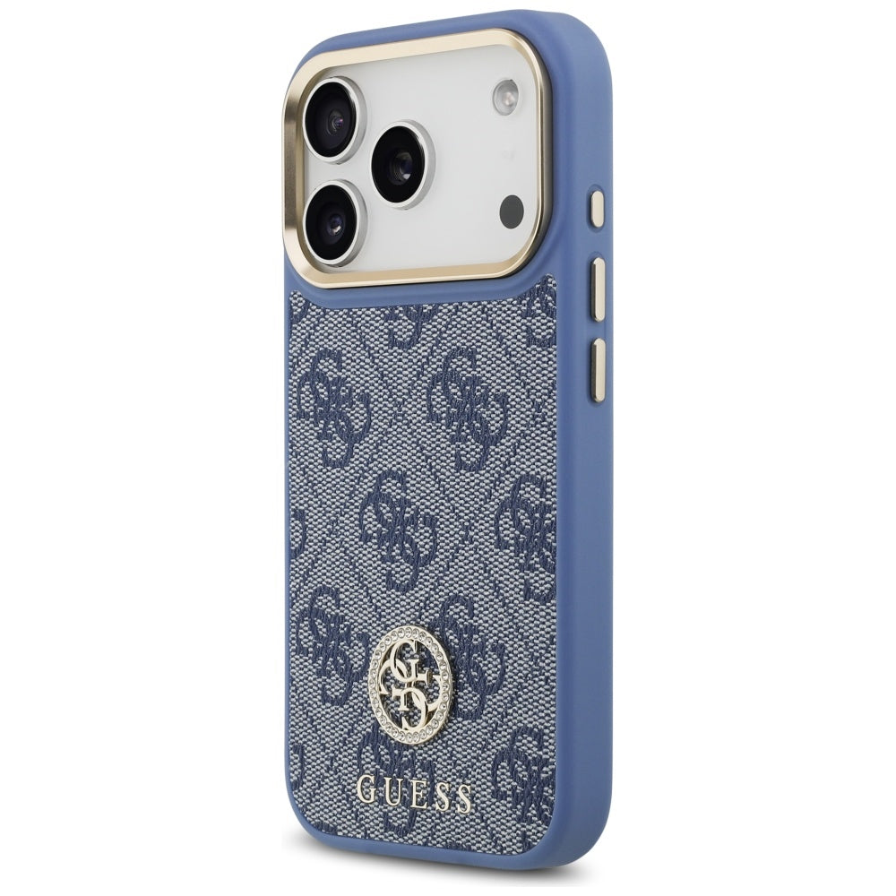 Funda MagSafe para Apple iPhone 17 Pro, Guess, 4G Strass Logo con Correa Grande, Azul