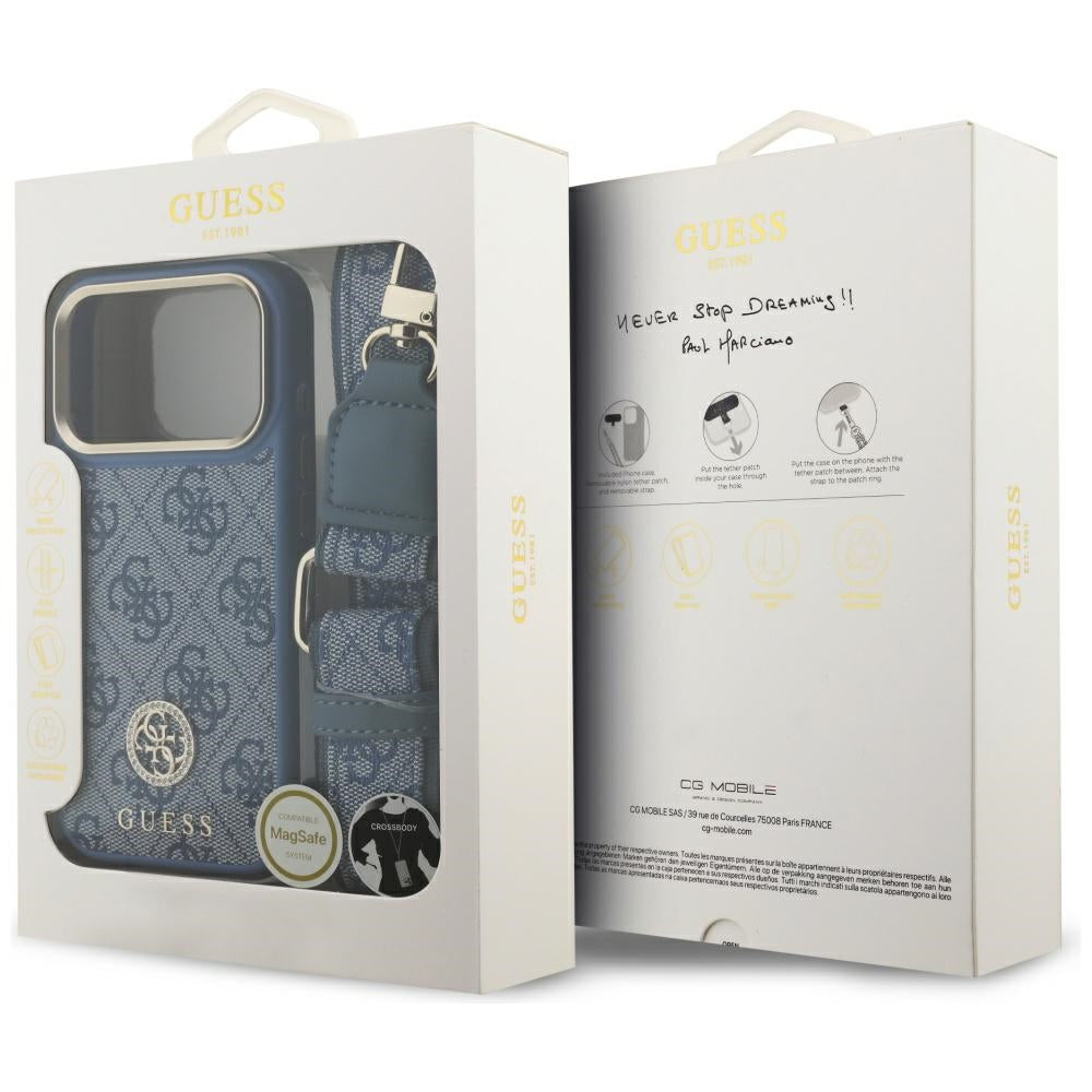 Funda MagSafe para Apple iPhone 17 Pro, Guess, 4G Strass Logo con Correa Grande, Azul