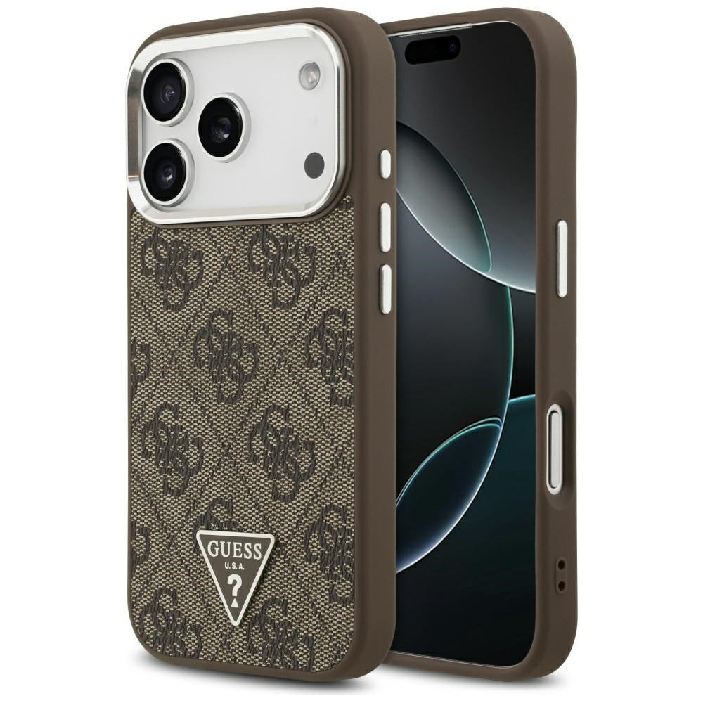 Funda MagSafe para Apple iPhone 17 Pro, Guess, Logo Triángulo 4G, Marrón Plateado.