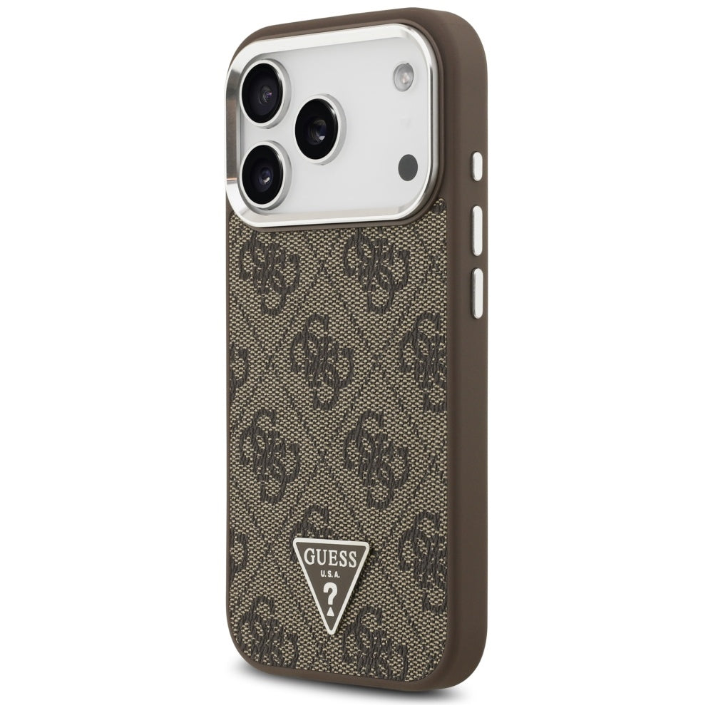 Funda MagSafe para Apple iPhone 17 Pro, Guess, Logo Triángulo 4G, Marrón Plateado.