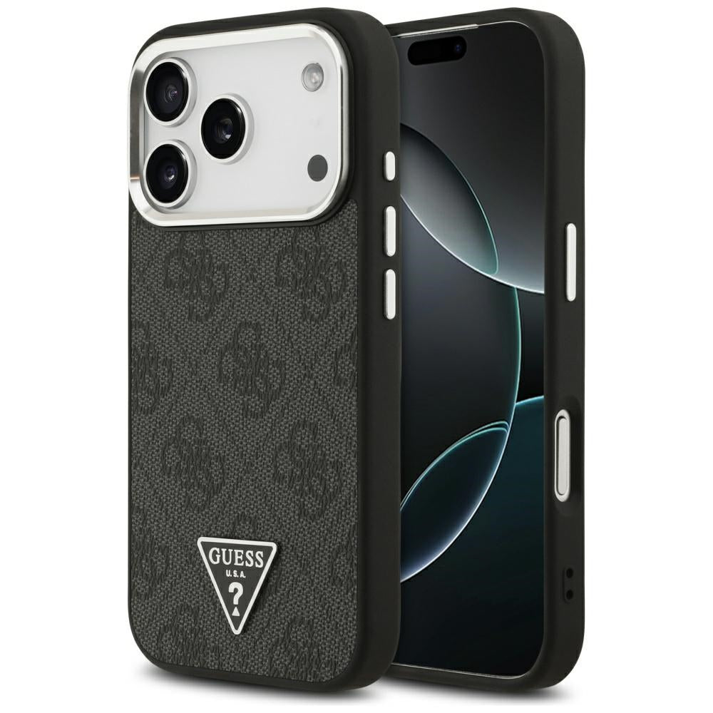 Funda MagSafe para Apple iPhone 17 Pro, Guess, Logo Triángulo 4G, Negra Plateada