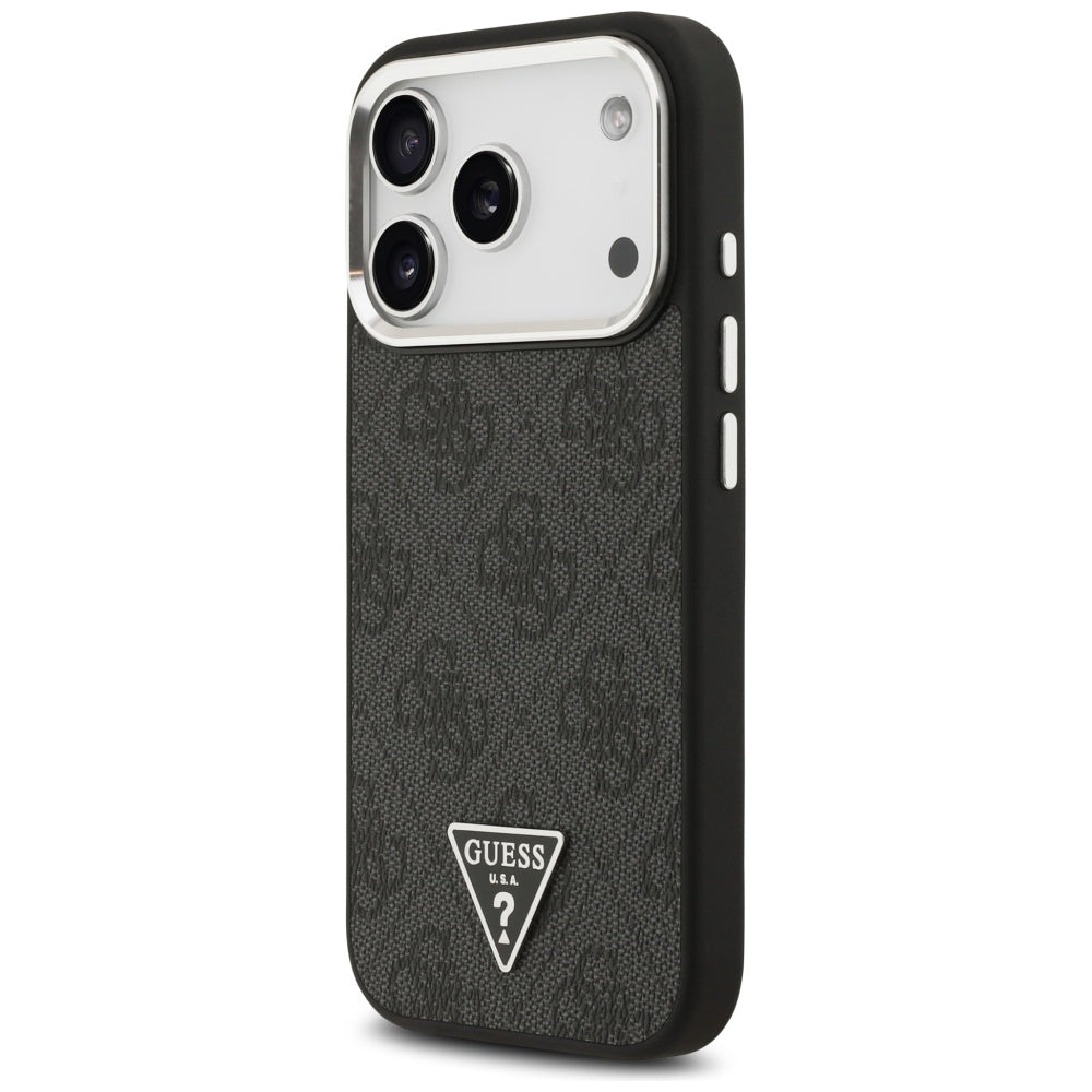 Funda MagSafe para Apple iPhone 17 Pro, Guess, Logo Triángulo 4G, Negra Plateada