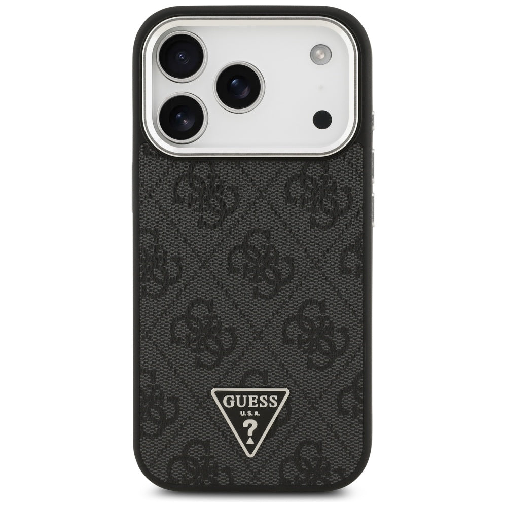 Funda MagSafe para Apple iPhone 17 Pro, Guess, Logo Triángulo 4G, Negra Plateada