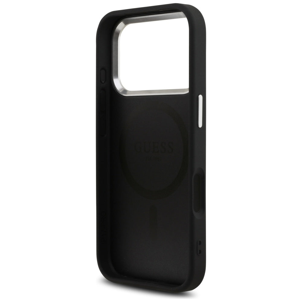 Funda MagSafe para Apple iPhone 17 Pro, Guess, Logo Triángulo 4G, Negra Plateada