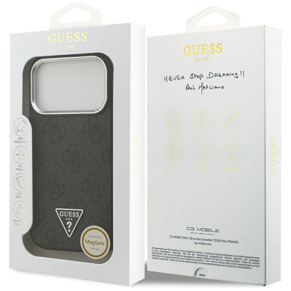 Funda MagSafe para Apple iPhone 17 Pro, Guess, Logo Triángulo 4G, Negra Plateada
