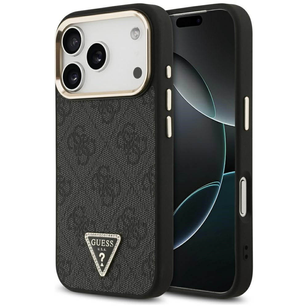 Funda MagSafe para Apple iPhone 17 Pro, Guess, Logo Triángulo 4G, Negra Dorada