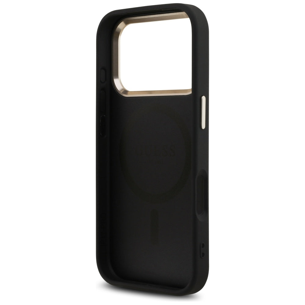Funda MagSafe para Apple iPhone 17 Pro, Guess, Logo Triángulo 4G, Negra Dorada