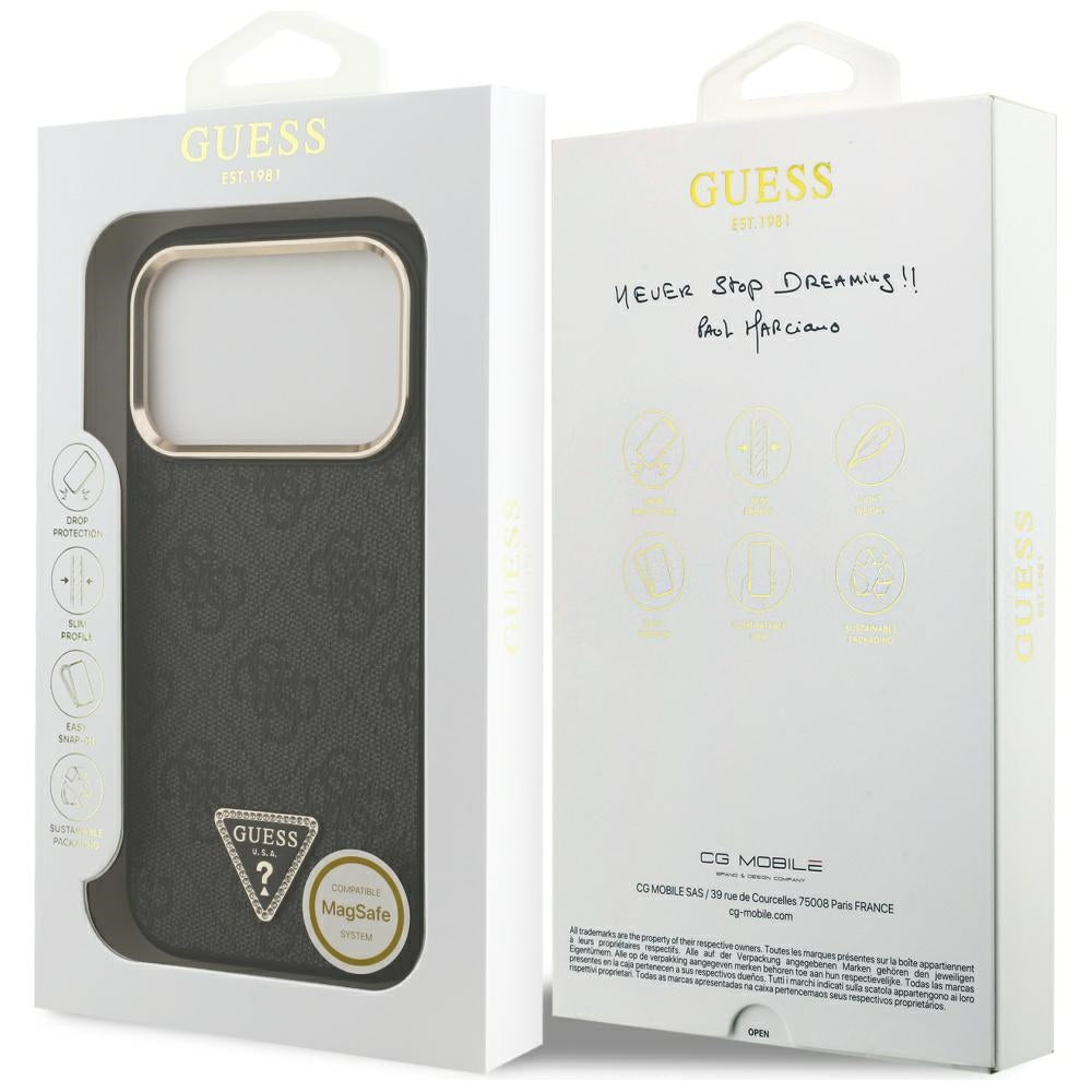 Funda MagSafe para Apple iPhone 17 Pro, Guess, Logo Triángulo 4G, Negra Dorada