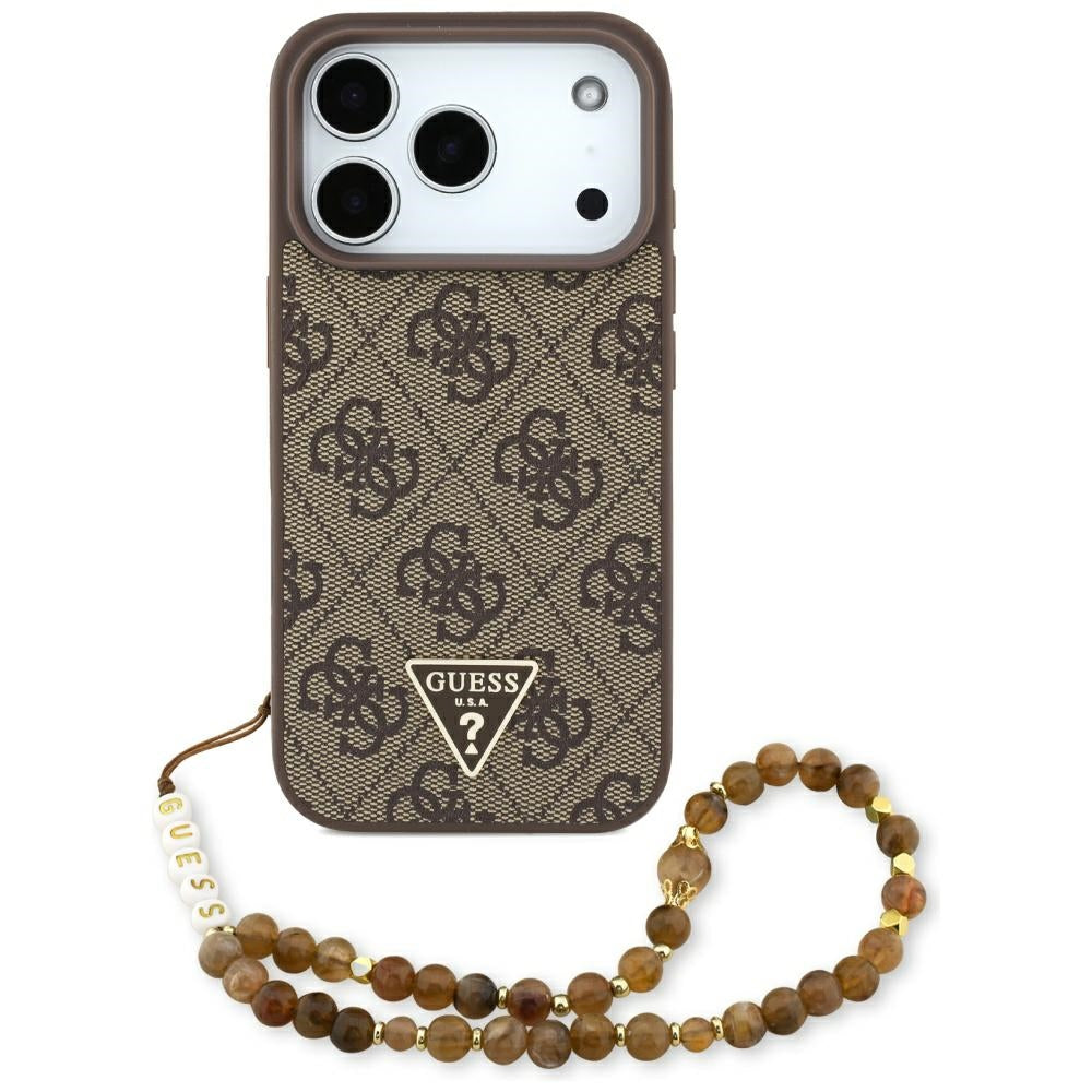 Funda MagSafe para Apple iPhone 17 Pro, Guess, Logo Triángulo 4G con Correa de Perla, Marrón