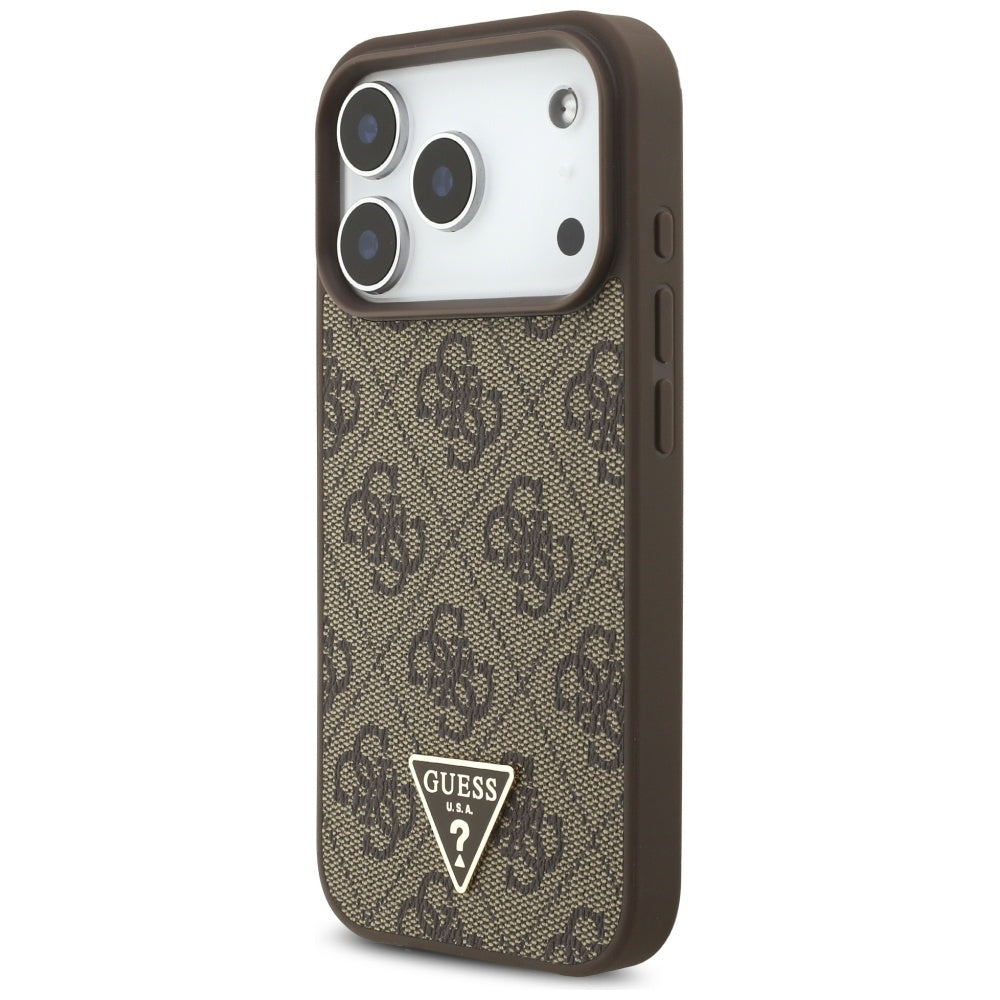 Funda MagSafe para Apple iPhone 17 Pro, Guess, Logo Triángulo 4G con Correa de Perla, Marrón