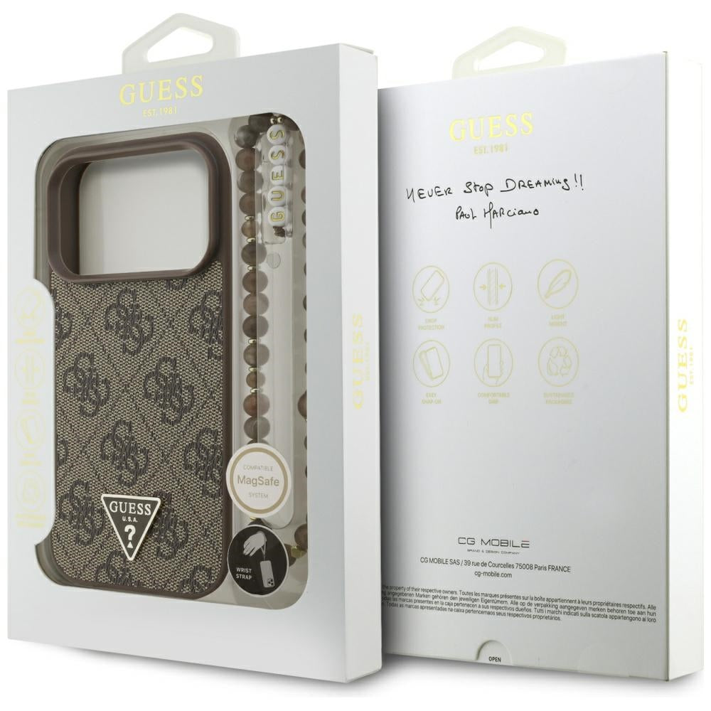 Funda MagSafe para Apple iPhone 17 Pro, Guess, Logo Triángulo 4G con Correa de Perla, Marrón