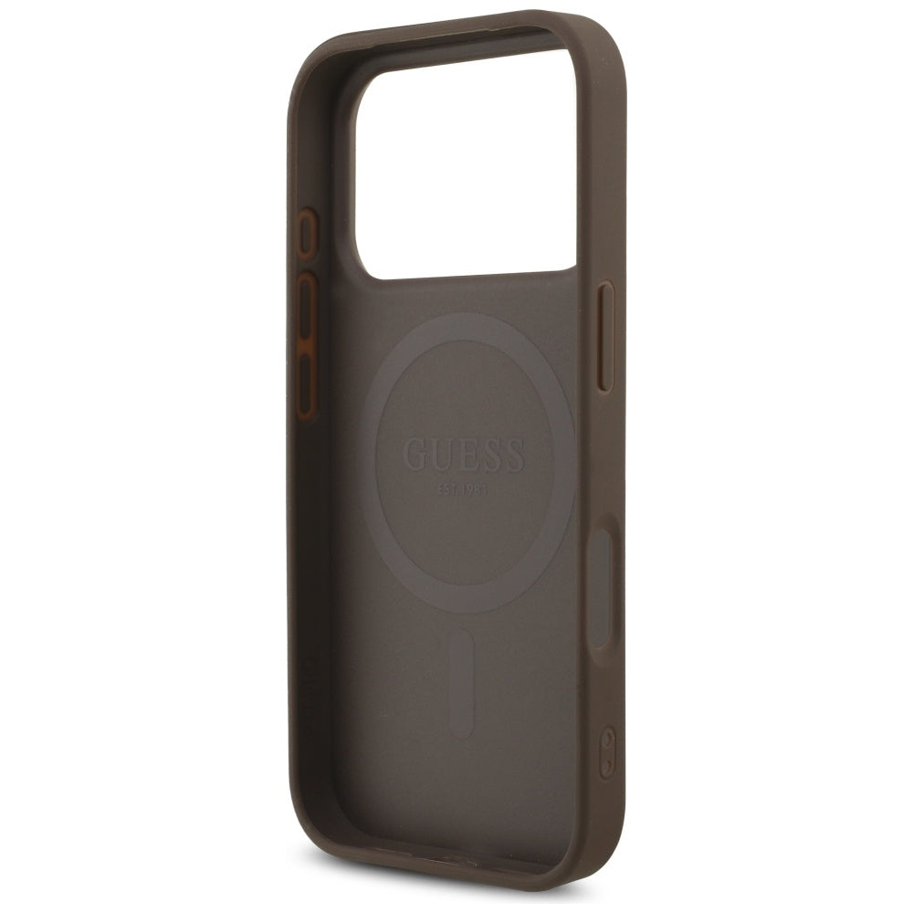 Funda MagSafe para Apple iPhone 17 Pro, Guess, Logo Triángulo 4G con Correa de Perla, Marrón