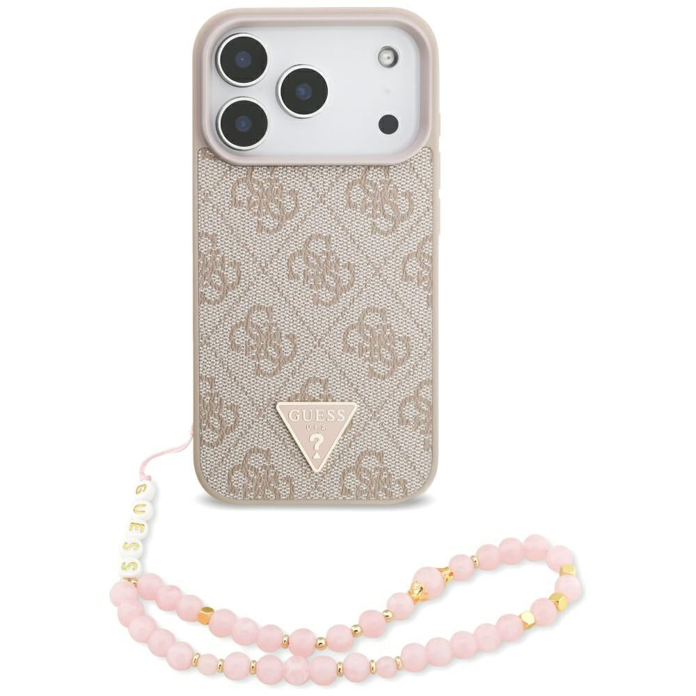 Funda MagSafe para Apple iPhone 17 Pro, Guess, Logo Triángulo 4G con Correa de Perla, Rosa